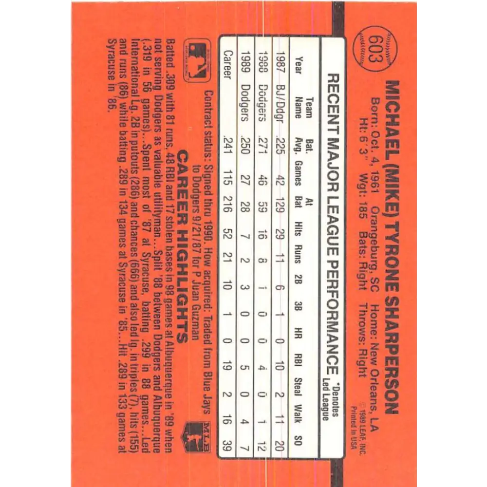 1990 Donruss #603 Mike Sharperson DP VG-EX Los Angeles Dodgers Baseball Card Image 2