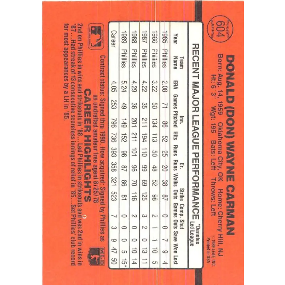 1990 Donruss #604 Don Carman DP VG-EX Philadelphia Phillies Baseball Card Image 2