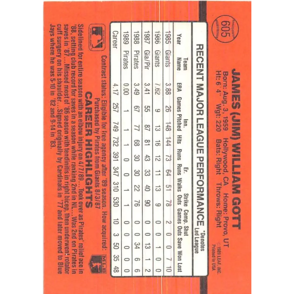 1990 Donruss #605 Jim Gott VG-EX Pittsburgh Pirates Baseball Card Image 2