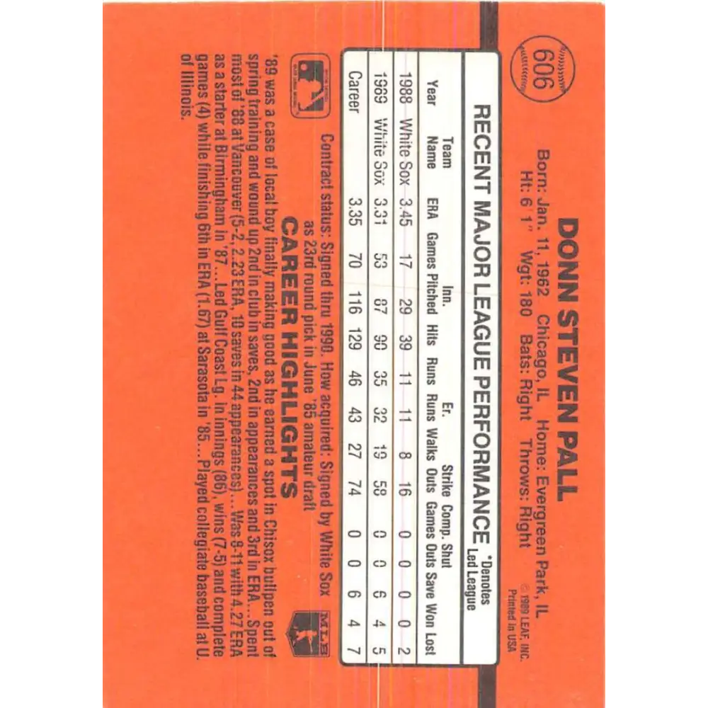 1990 Donruss #606 Donn Pall DP VG-EX Chicago White Sox Baseball Card Image 2