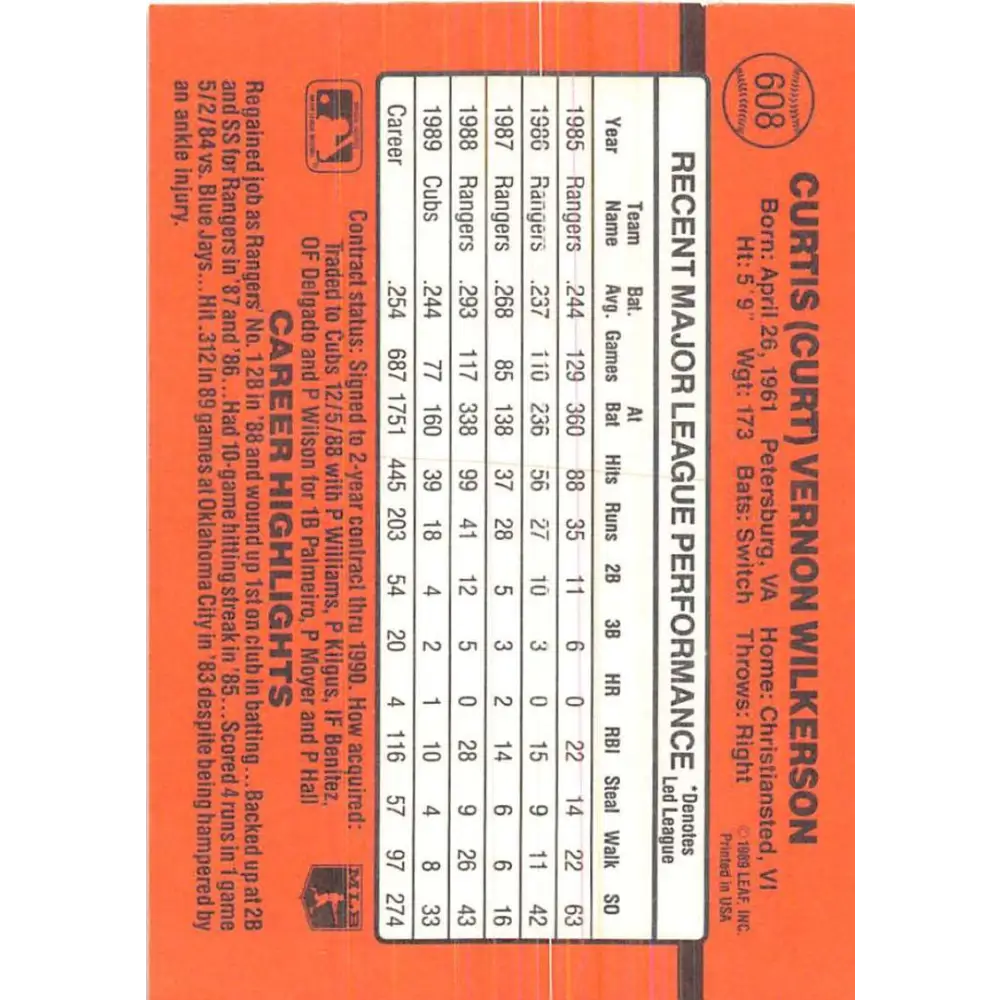 1990 Donruss #608 Curt Wilkerson DP VG-EX Chicago Cubs Baseball Card Image 2