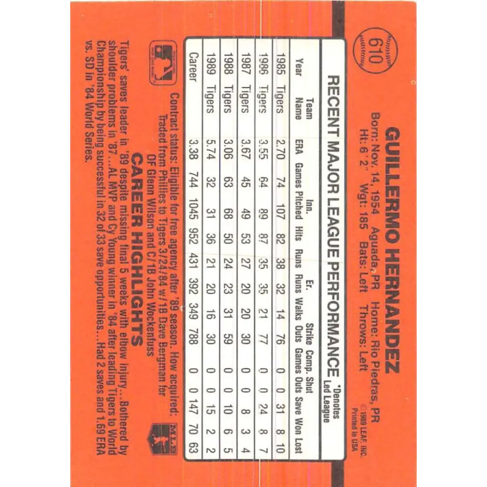 1990 Donruss #610 Guillermo Hernandez DP VG-EX Detroit Tigers Baseball Card Image 2