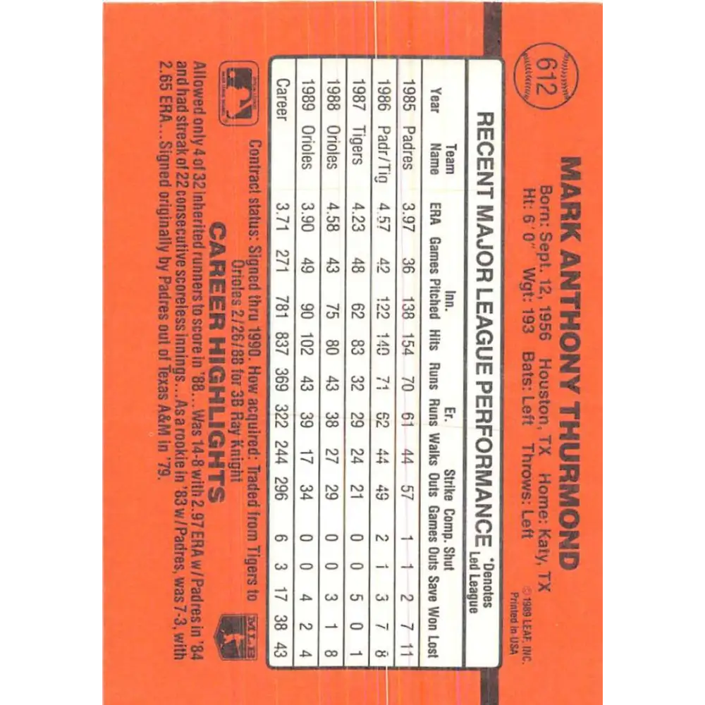 1990 Donruss #612 Mark Thurmond DP VG-EX Baltimore Orioles Baseball Card Image 2