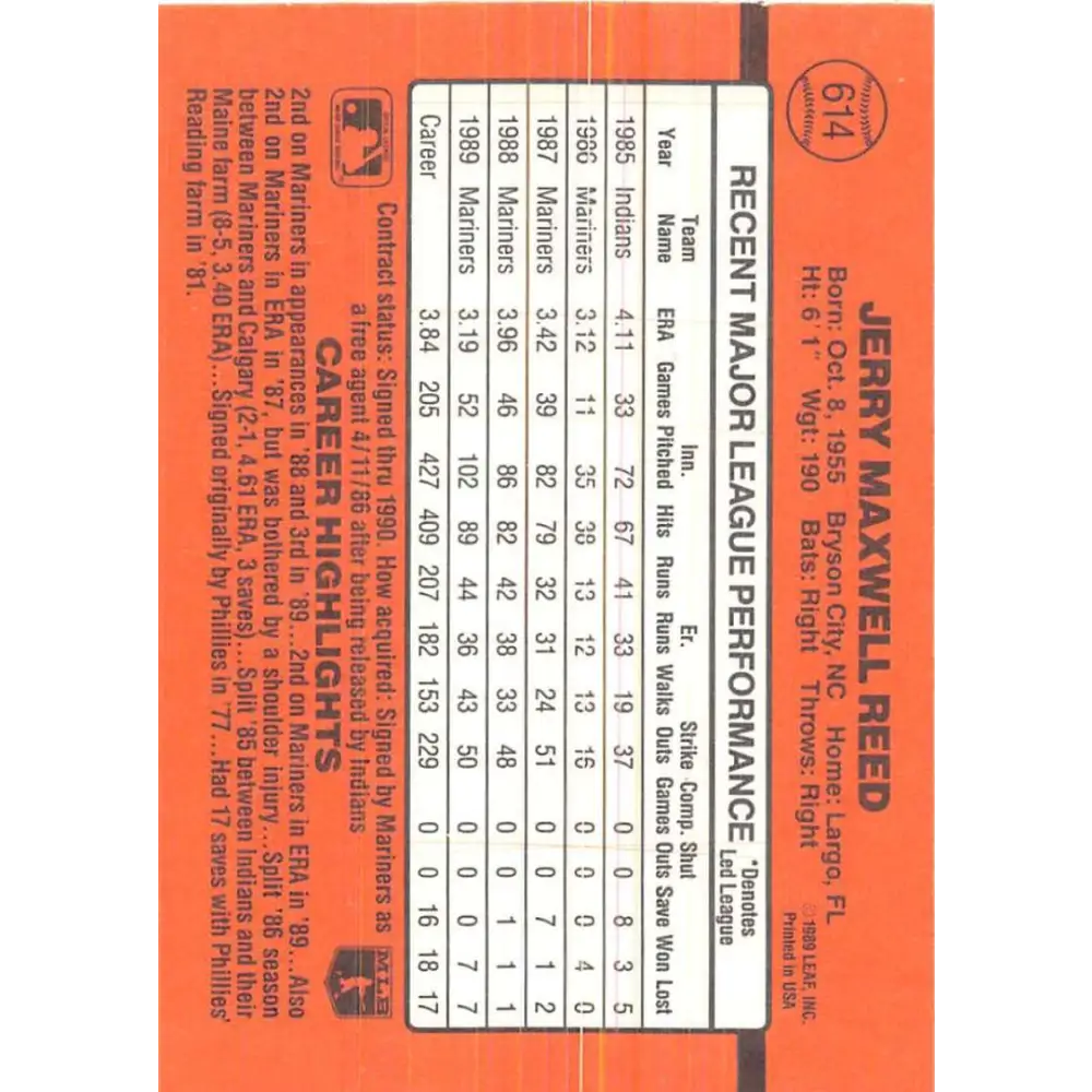 1990 Donruss #614 Jerry Reed DP VG-EX Seattle Mariners Baseball Card Image 2