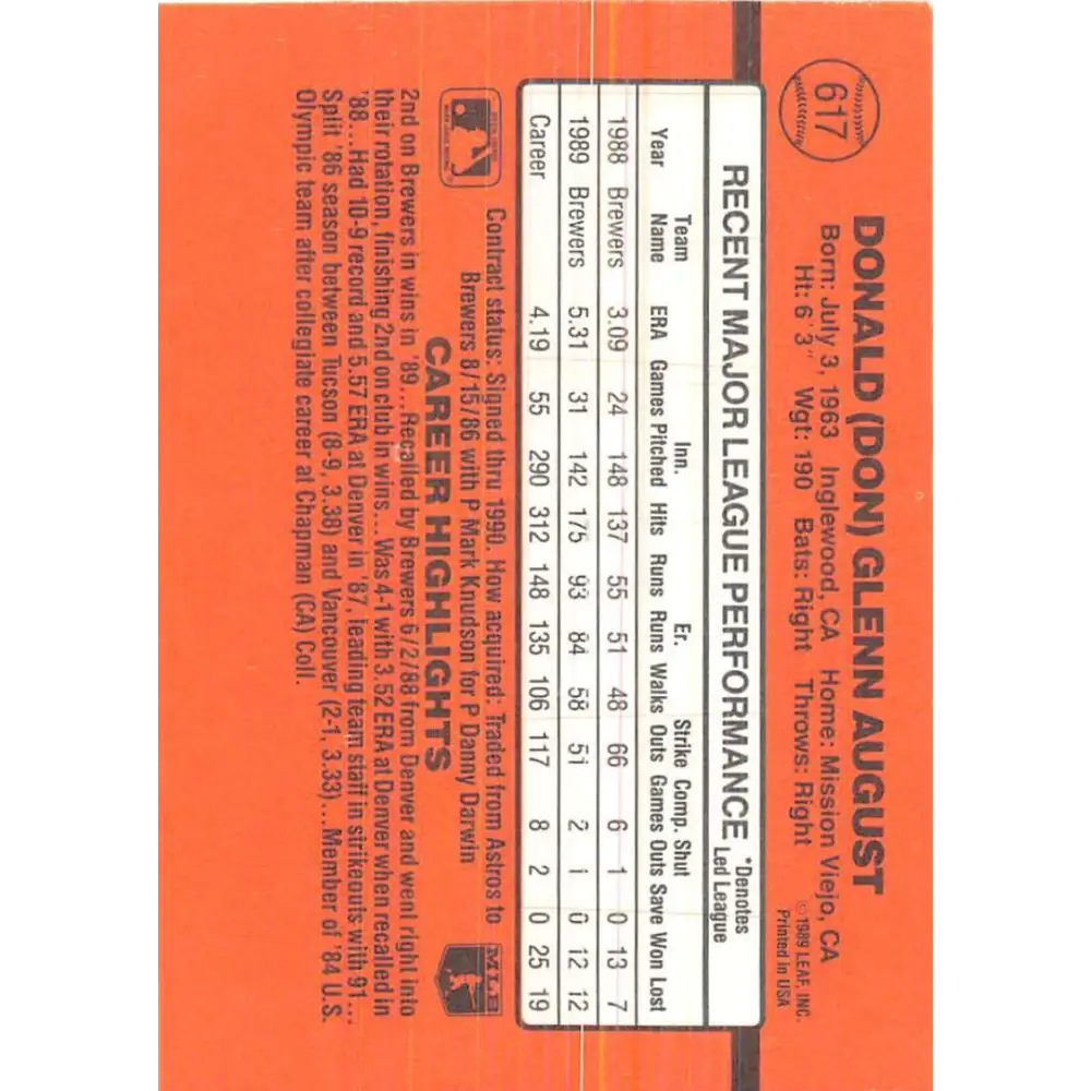 1990 Donruss #617 Don August DP VG-EX Milwaukee Brewers Baseball Card Image 2