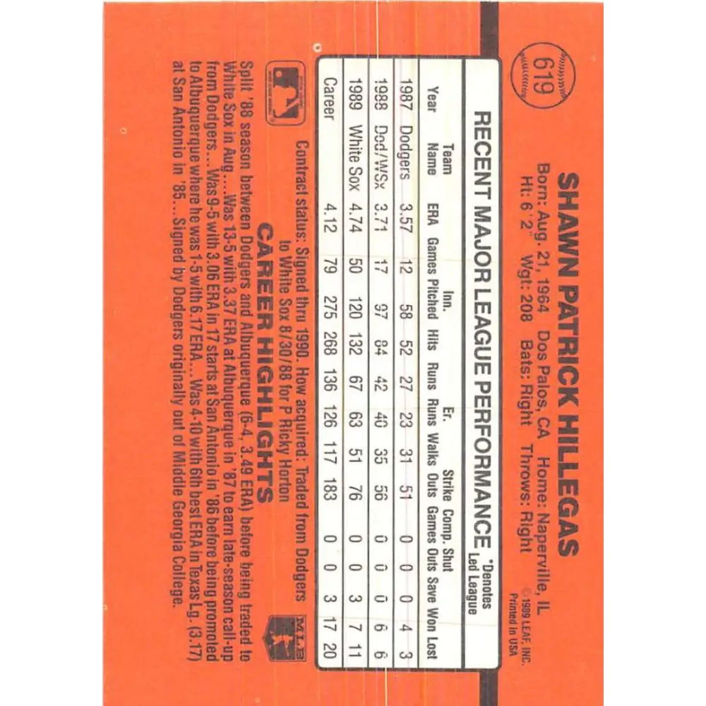 1990 Donruss #619 Shawn Hillegas DP VG-EX Chicago White Sox Baseball Card Image 2