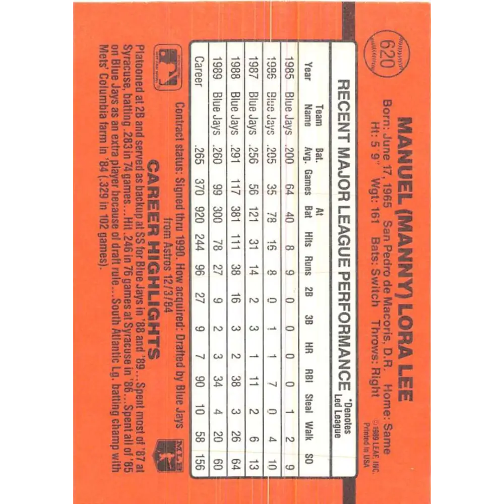 1990 Donruss #620 Manuel Lee VG-EX Toronto Blue Jays Baseball Card Image 2