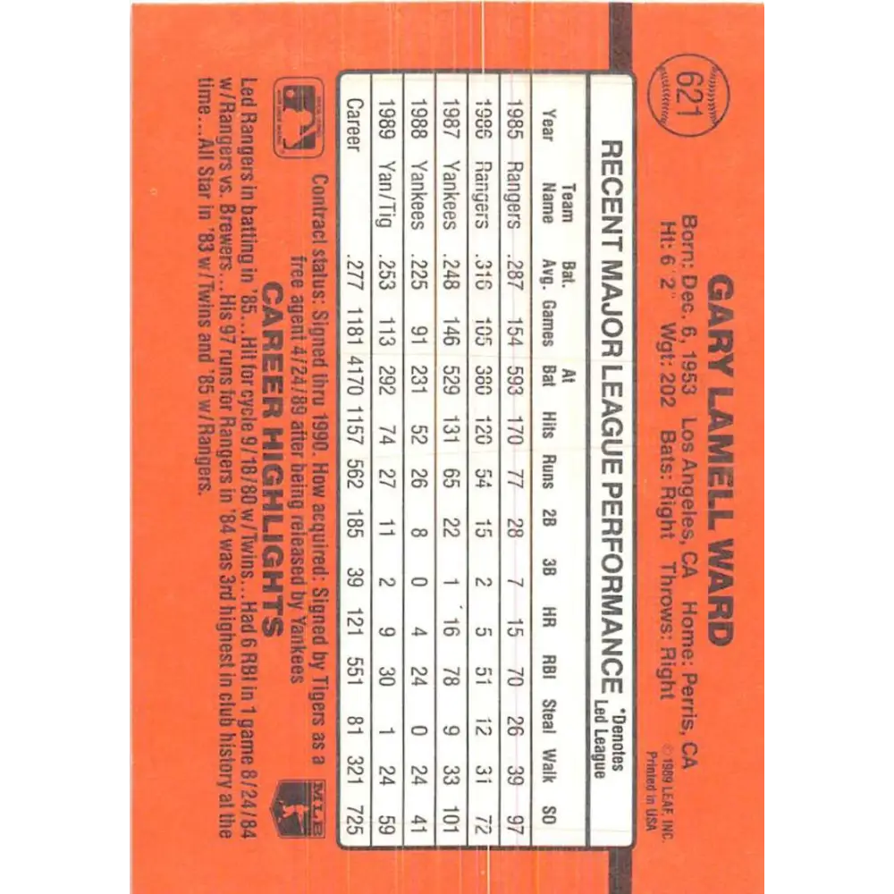 1990 Donruss #621 Gary Ward DP VG-EX Detroit Tigers Baseball Card Image 2