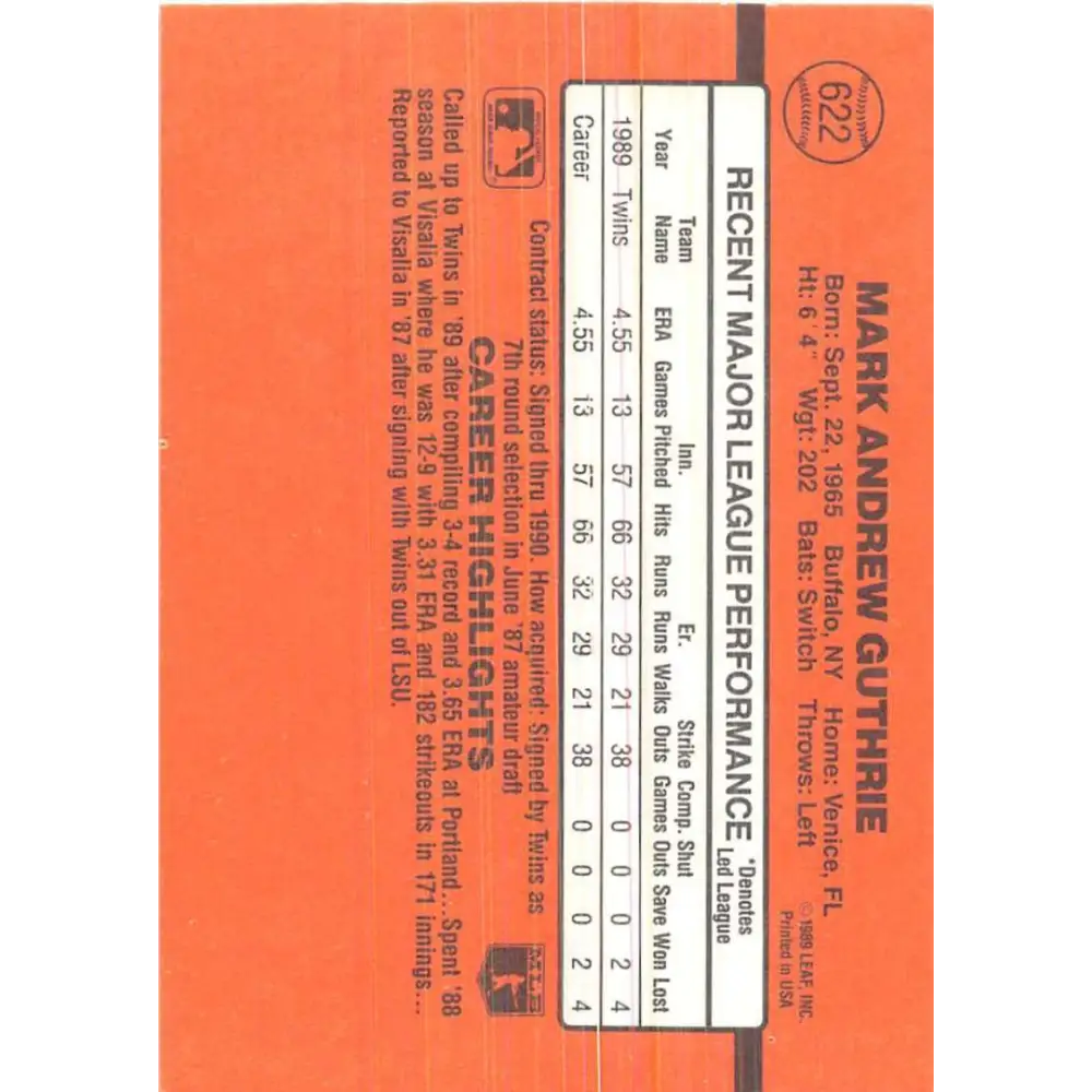 1990 Donruss #622 Mark Guthrie DP VG-EX RC Rookie Minnesota Twins Baseball Card Image 2