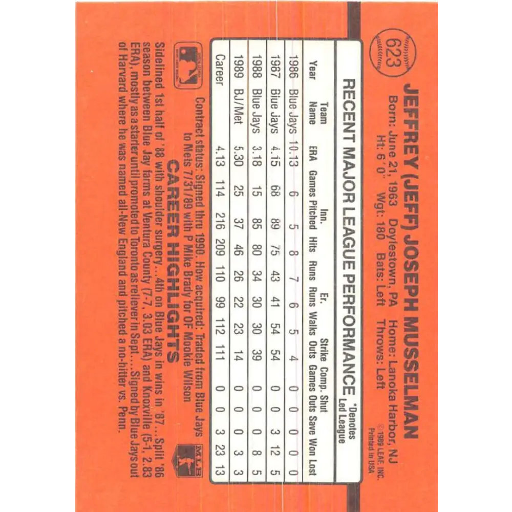1990 Donruss #623 Jeff Musselman DP VG-EX New York Mets Baseball Card Image 2