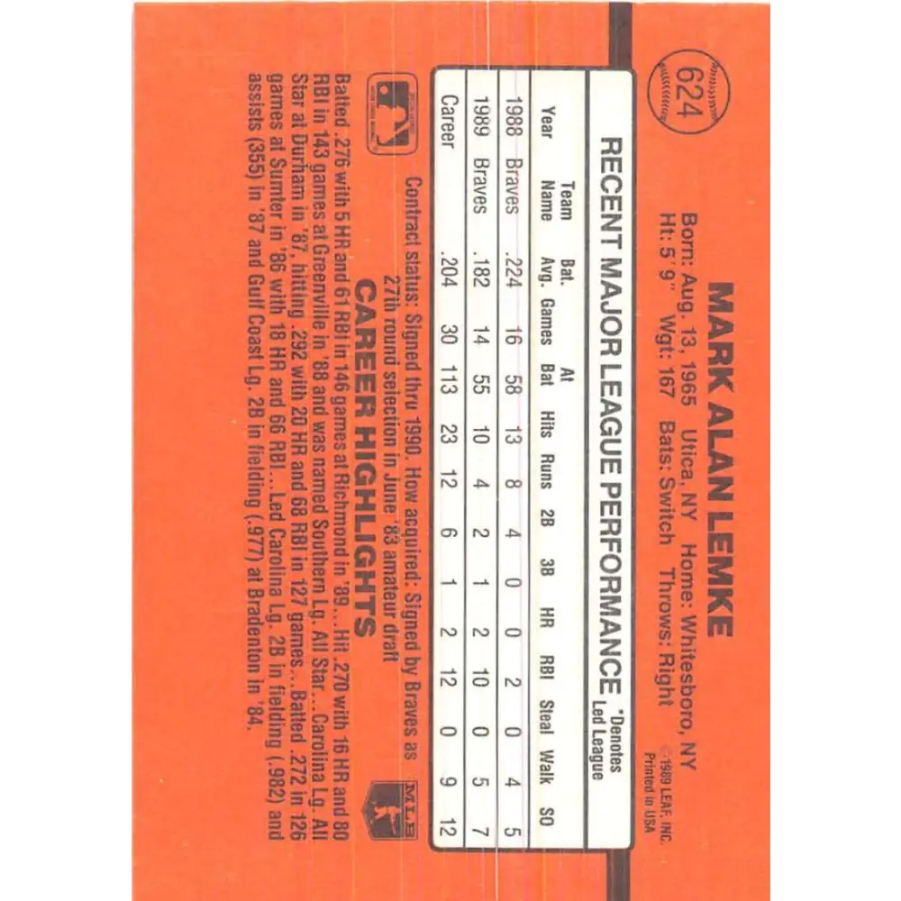 1990 Donruss #624 Mark Lemke DP VG-EX Atlanta Braves Baseball Card Image 2
