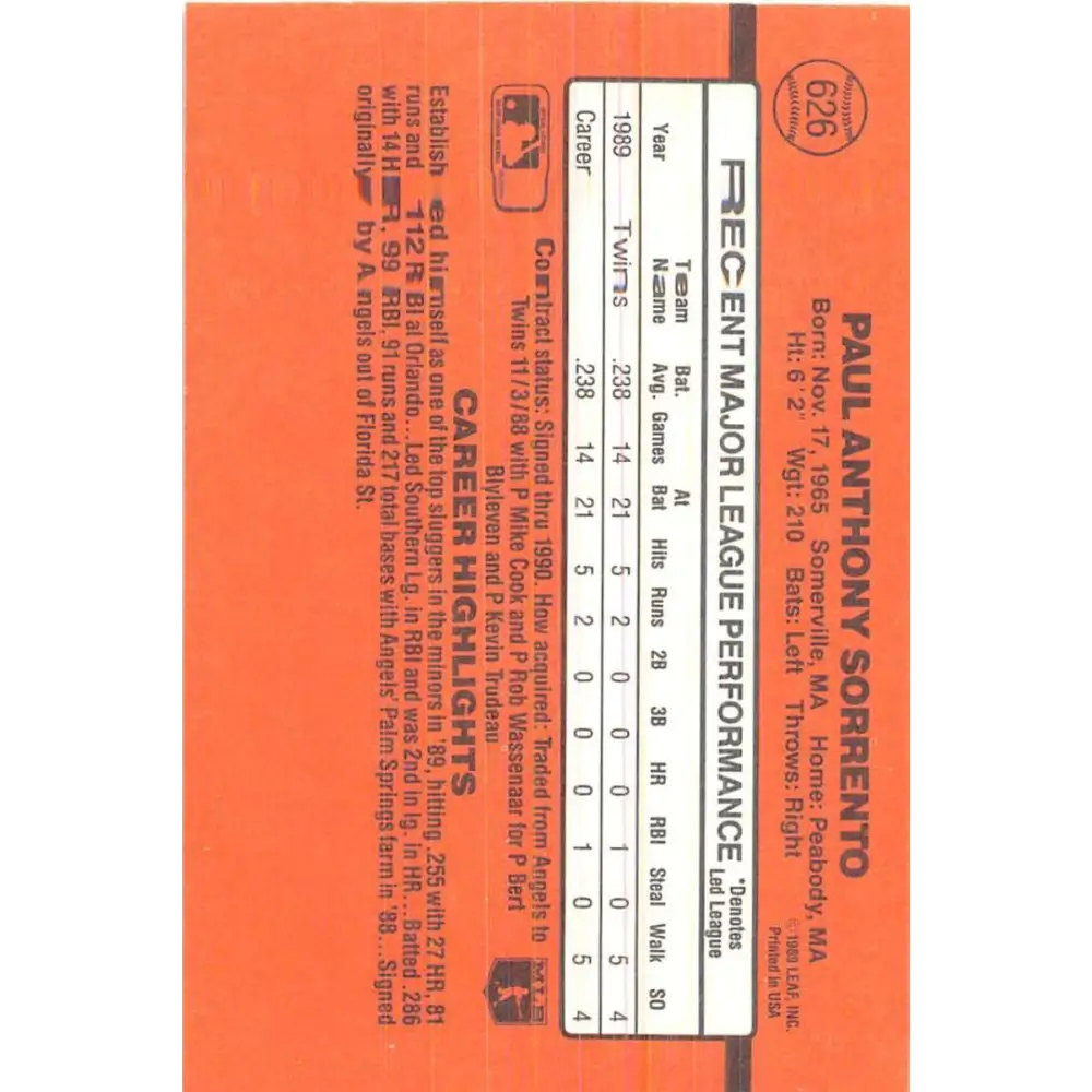 1990 Donruss #626 Paul Sorrento DP VG-EX RC Rookie Minnesota Twins Baseball Card Image 2