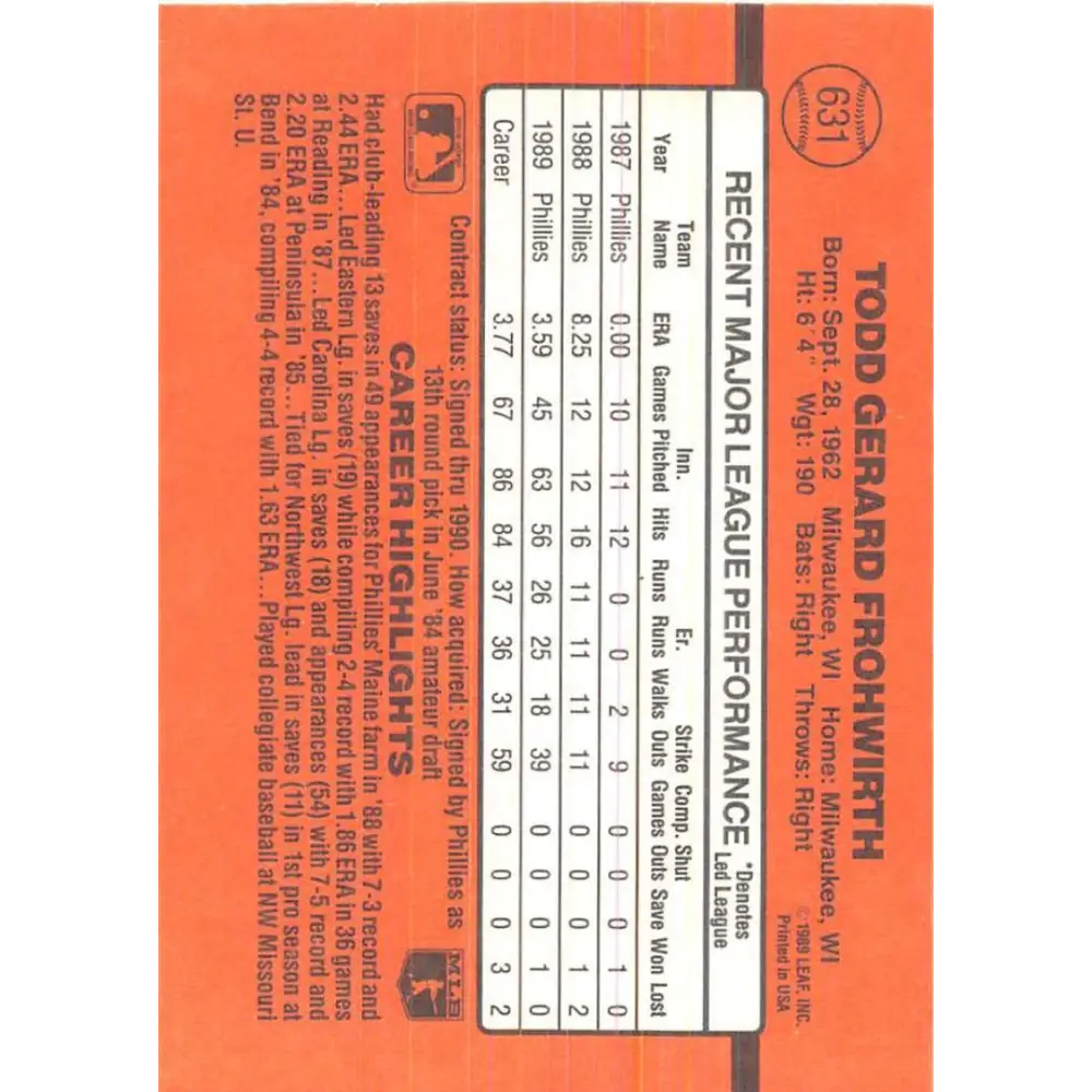 1990 Donruss #631 Todd Frohwirth DP VG-EX Philadelphia Phillies Baseball Card Image 2