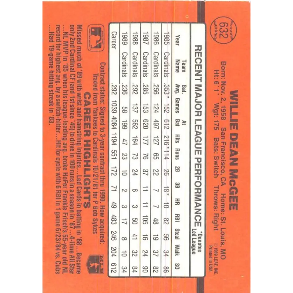 1990 Donruss #632 Willie McGee VG-EX St. Louis Cardinals Baseball Card Image 2