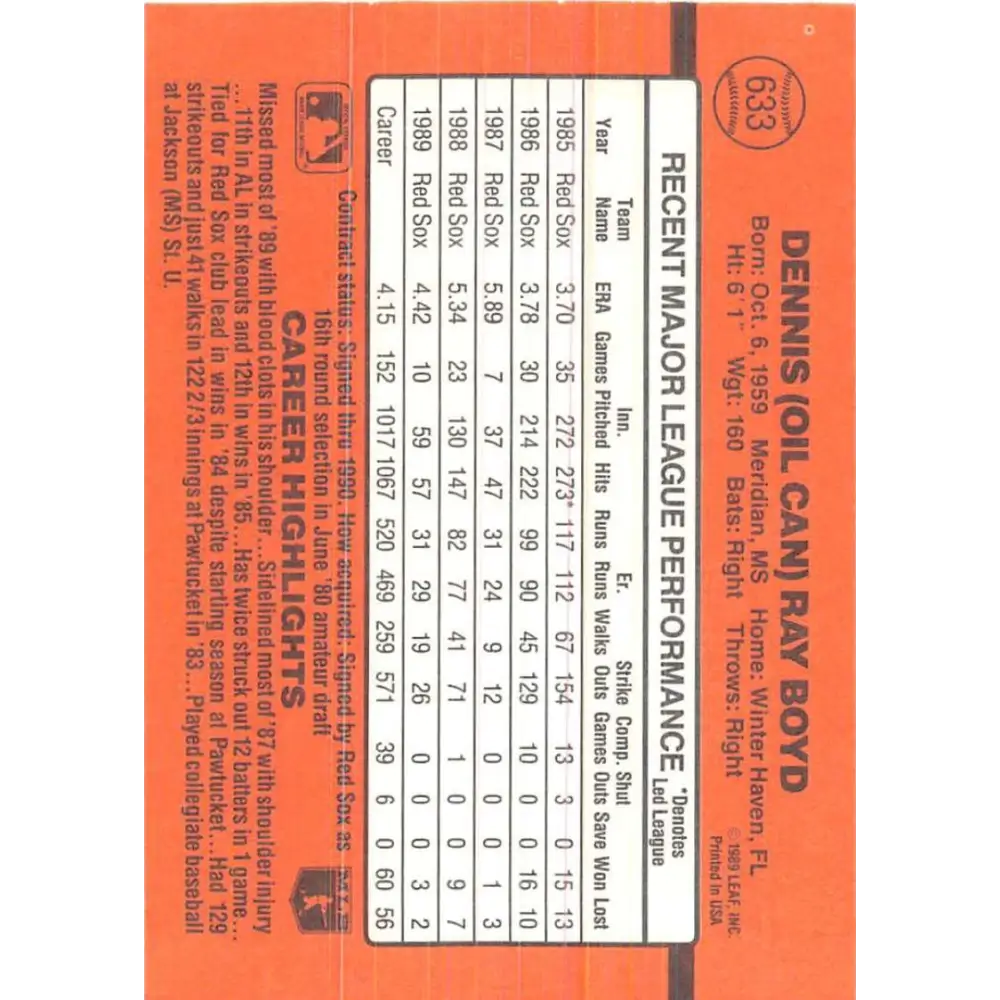 1990 Donruss #633 Oil Can Boyd DP VG-EX Boston Red Sox Baseball Card Image 2