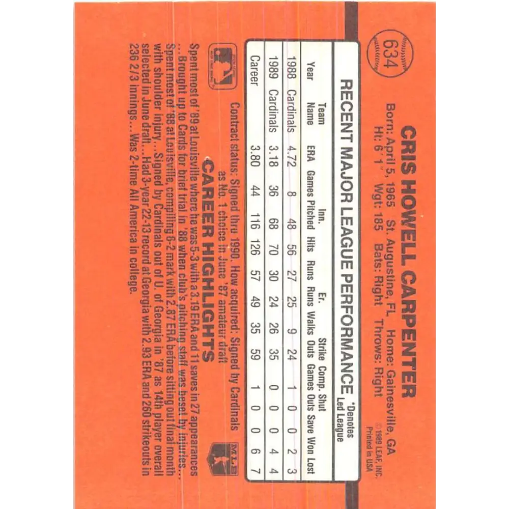 1990 Donruss #634 Cris Carpenter DP VG-EX St. Louis Cardinals Baseball Card Image 2
