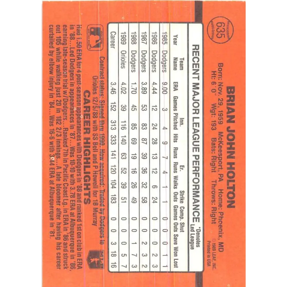 1990 Donruss #635 Brian Holton VG-EX Baltimore Orioles Baseball Card Image 2