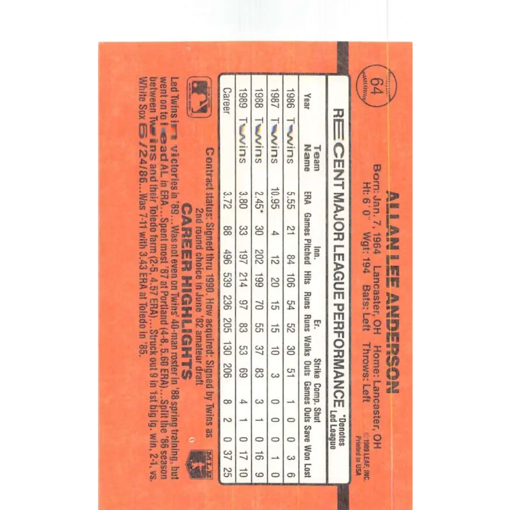 1990 Donruss #64 Allan Anderson VG-EX Minnesota Twins Baseball Card Image 2