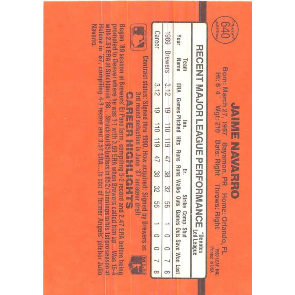 1990 Donruss #640 Jaime Navarro VG-EX Milwaukee Brewers Baseball Card Image 2