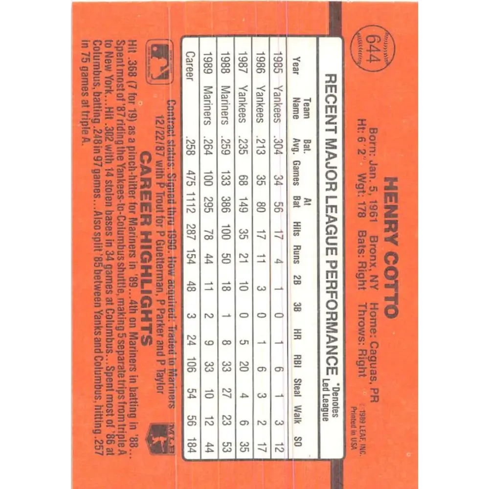 1990 Donruss #644 Henry Cotto VG-EX Seattle Mariners Baseball Card Image 2