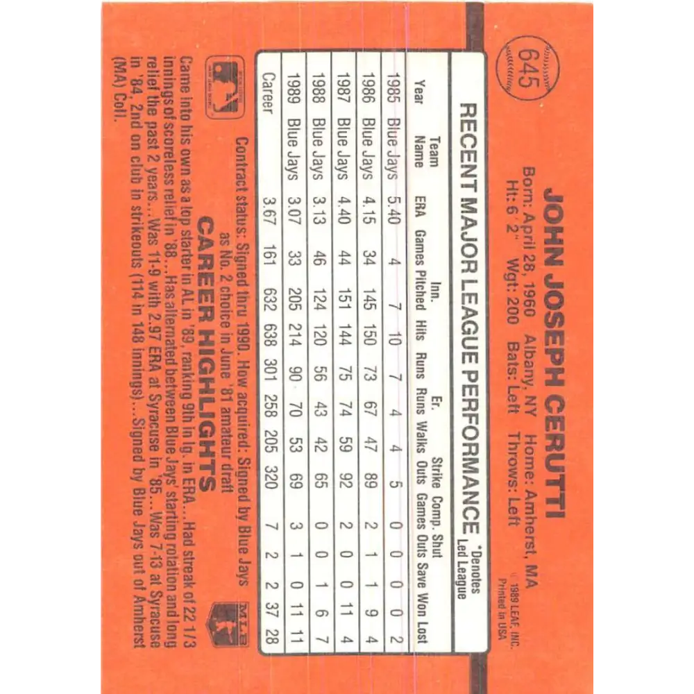 1990 Donruss #645 John Cerutti VG-EX Toronto Blue Jays Baseball Card Image 2