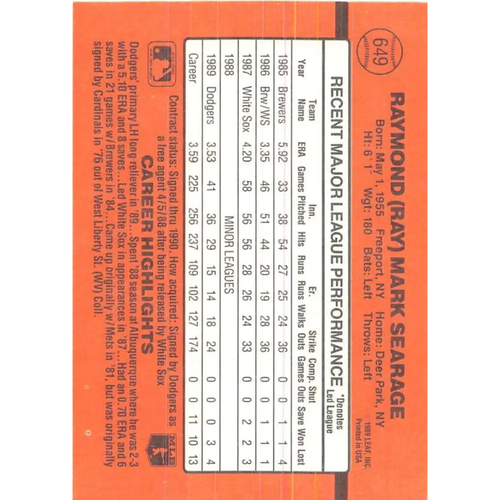 1990 Donruss #649 Ray Searage VG-EX Los Angeles Dodgers Baseball Card Image 2