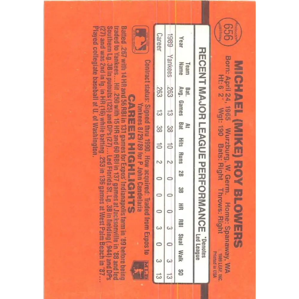 1990 Donruss #656 Mike Blowers VG-EX RC Rookie New York Yankees Baseball Card Image 2