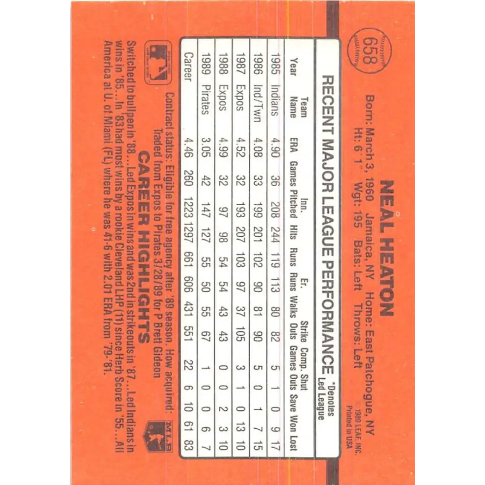 1990 Donruss #658 Neal Heaton VG-EX Pittsburgh Pirates Baseball Card Image 2