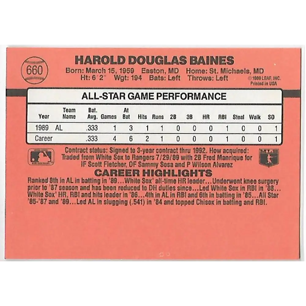 1990 Donruss #660d Harold Baines COR AS VG-EX Texas Rangers Baseball Card Image 2