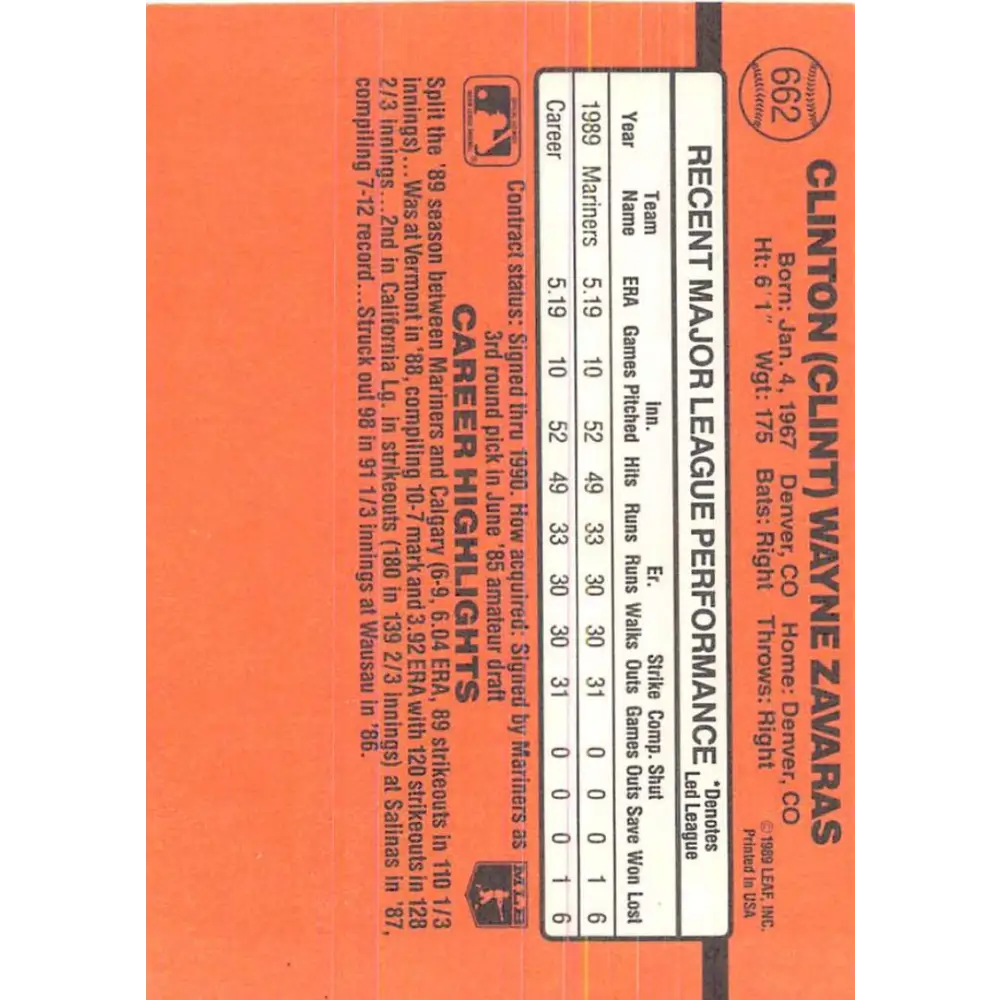 1990 Donruss #662 Clint Zavaras VG-EX RC Rookie Seattle Mariners Baseball Card Image 2