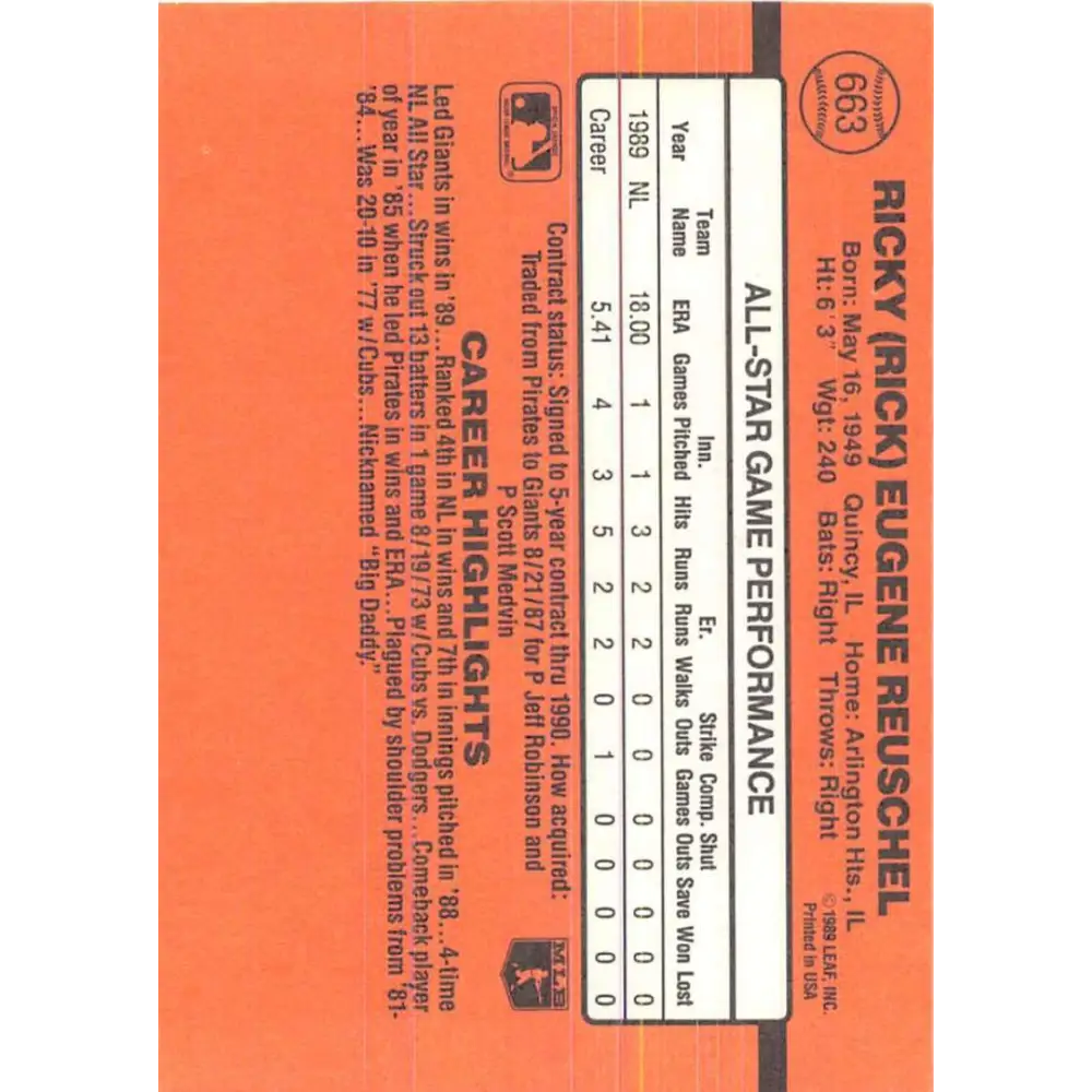 1990 Donruss #663b Rick Reuschel AS VG-EX San Francisco Giants Baseball Card Image 2