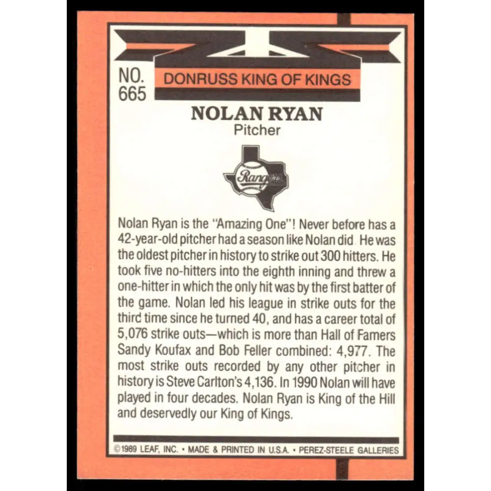 1990 Donruss #665 Nolan Ryan EX/NM Texas Rangers Baseball Card Image 2