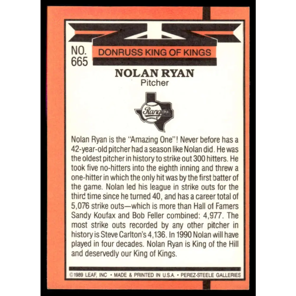 1990 Donruss #665 Nolan Ryan EX/NM Texas Rangers Baseball Card Image 2