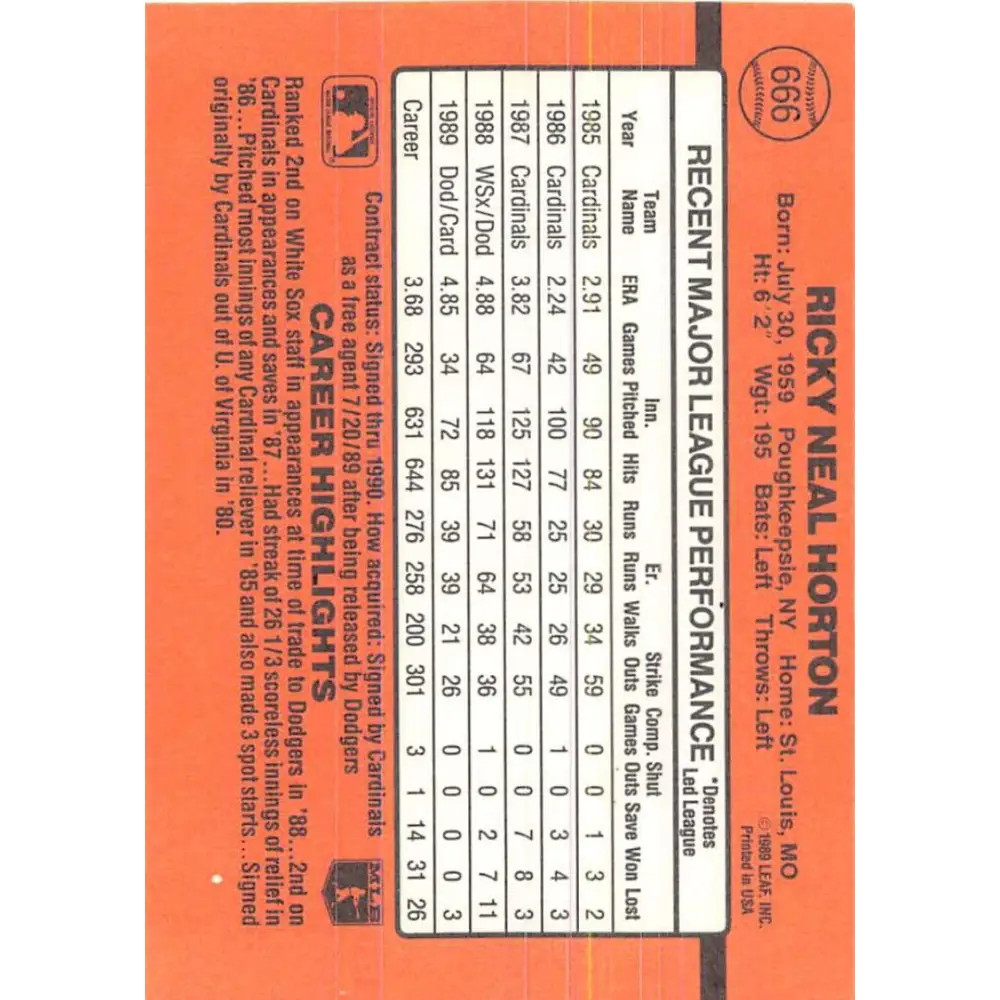 1990 Donruss #666 Ricky Horton VG-EX St. Louis Cardinals Baseball Card Image 2