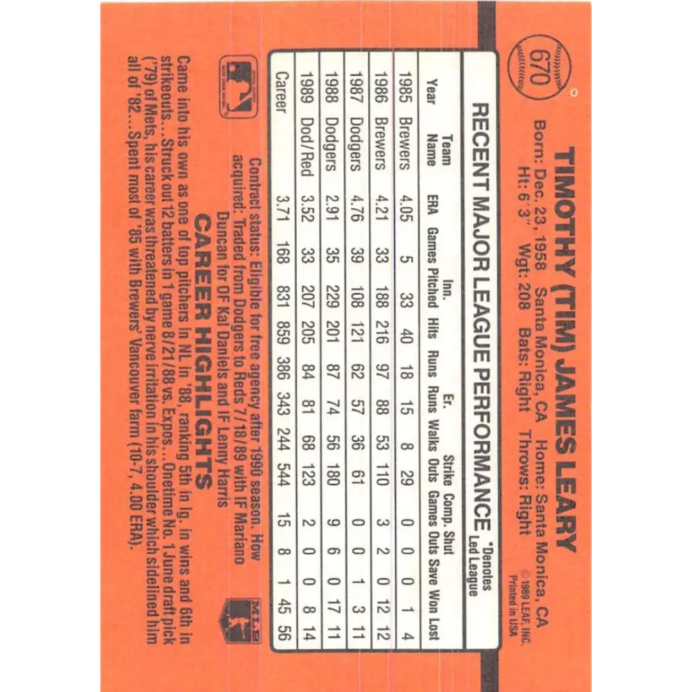 1990 Donruss #670 Tim Leary VG-EX Cincinnati Reds Baseball Card Image 2