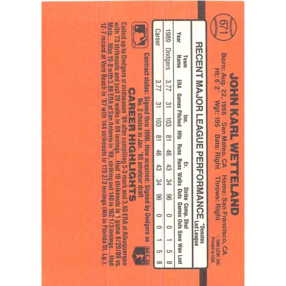 1990 Donruss #671 John Wetteland VG-EX Los Angeles Dodgers Baseball Card Image 2