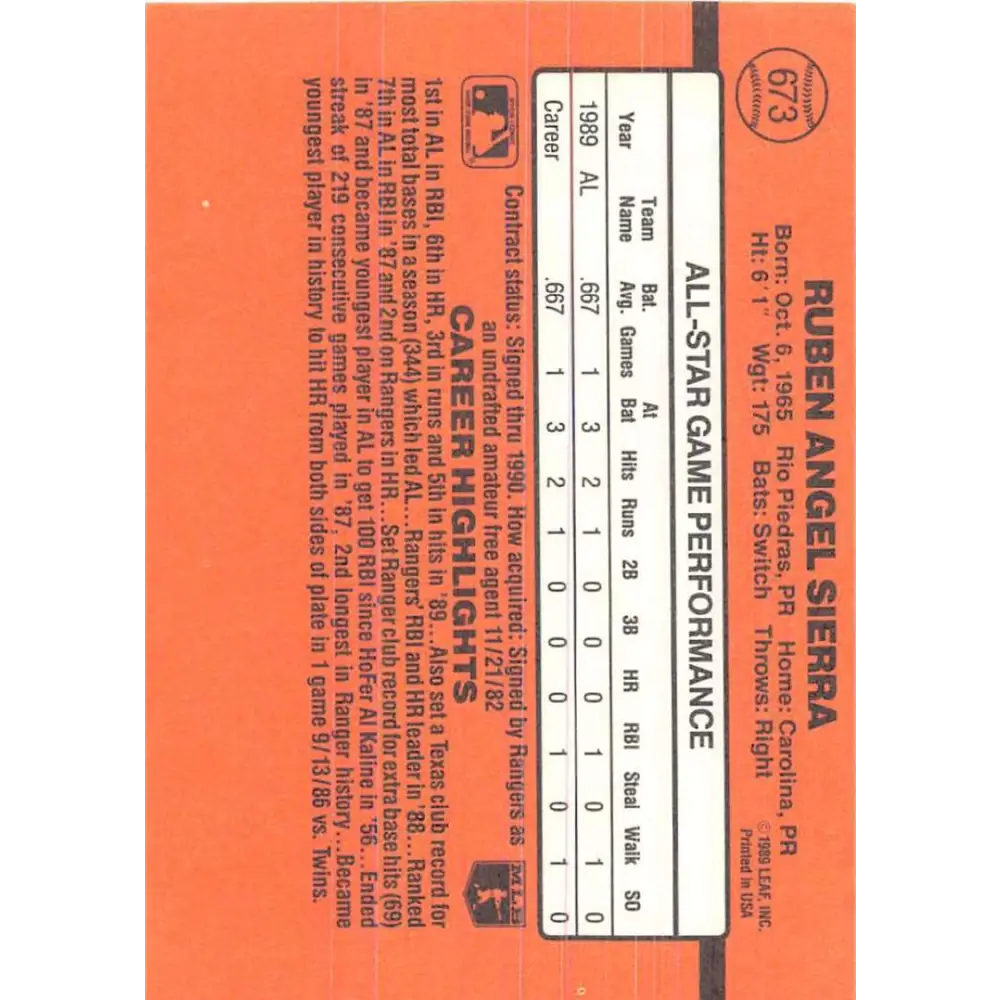 1990 Donruss #673b Ruben Sierra COR AS VG-EX Texas Rangers Baseball Card Image 2