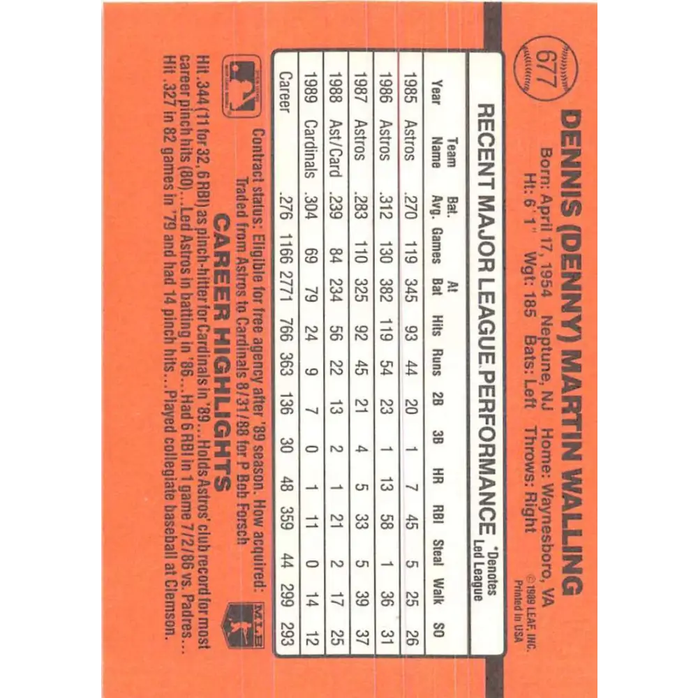 1990 Donruss #677 Denny Walling VG-EX St. Louis Cardinals Baseball Card Image 2