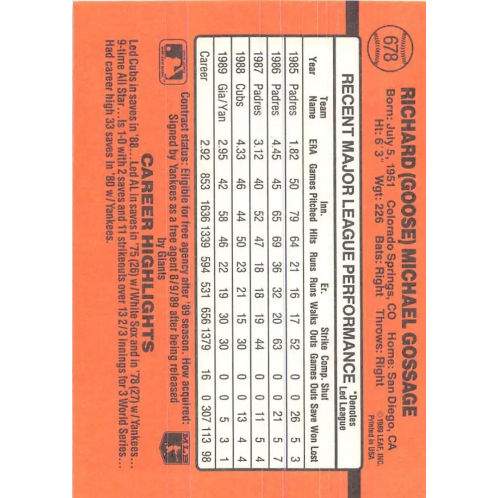 1990 Donruss #678 Rich Gossage VG-EX New York Yankees Baseball Card Image 2