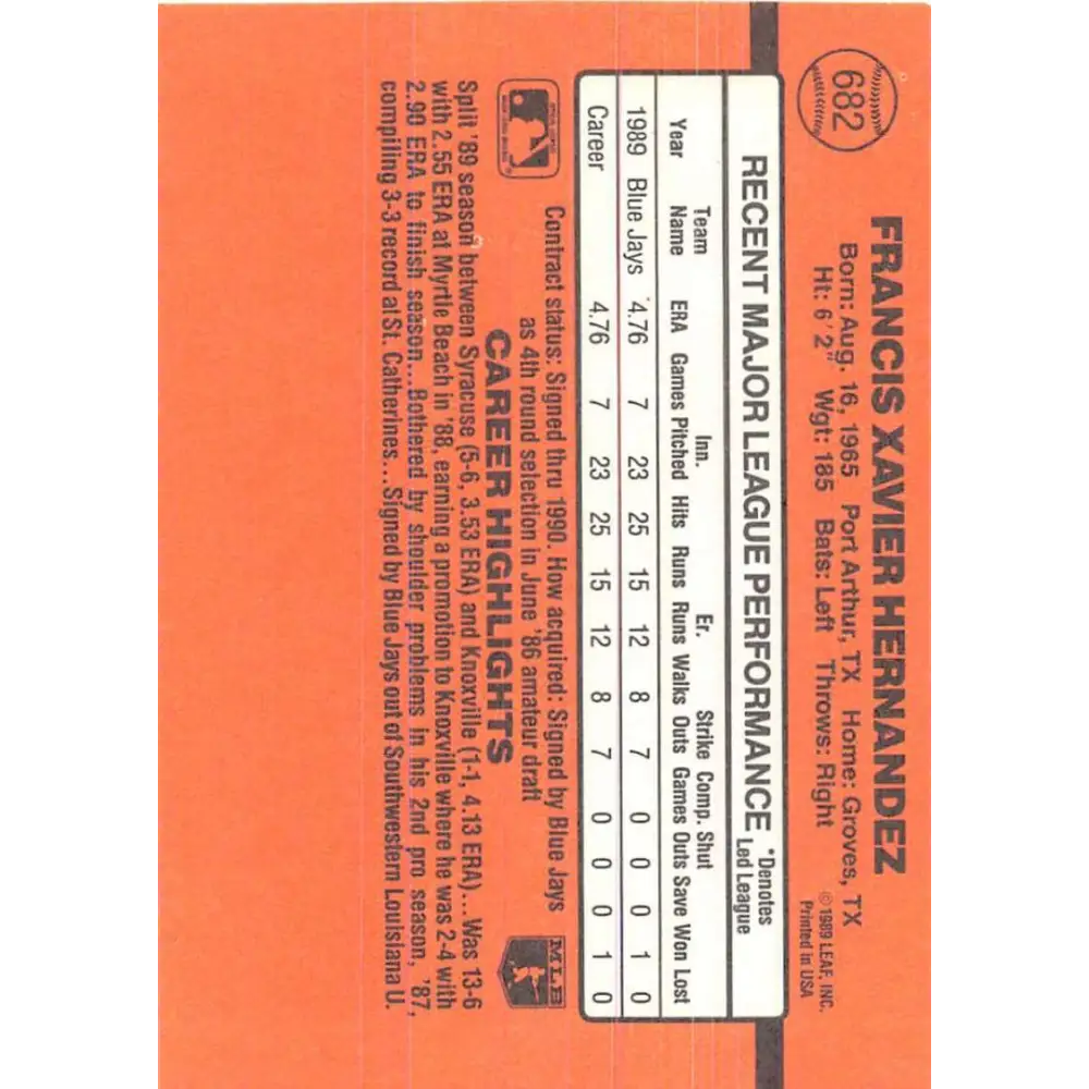 1990 Donruss #682 Xavier Hernandez VG-EX RC Rookie Toronto Blue Jays Baseball Card Image 2