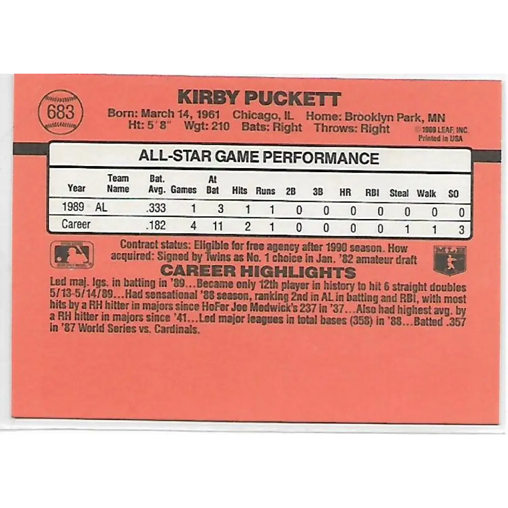 1990 Donruss #683b Kirby Puckett COR AS VG-EX Minnesota Twins Baseball Card Image 2