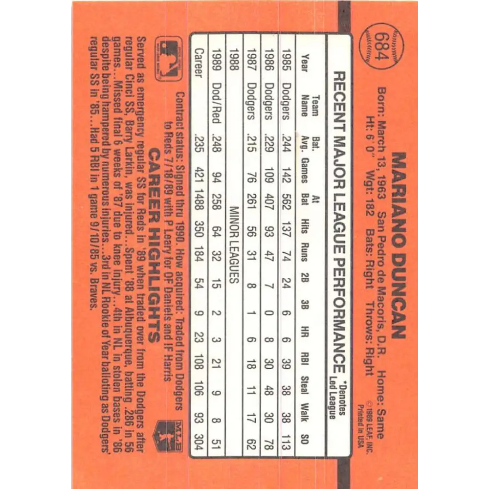 1990 Donruss #684 Mariano Duncan VG-EX Cincinnati Reds Baseball Card Image 2