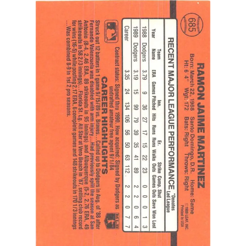 1990 Donruss #685 Ramon Martinez VG-EX Los Angeles Dodgers Baseball Card Image 2