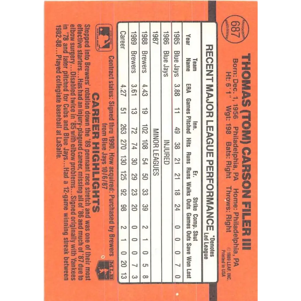 1990 Donruss #687 Tom Filer VG-EX Milwaukee Brewers Baseball Card Image 2