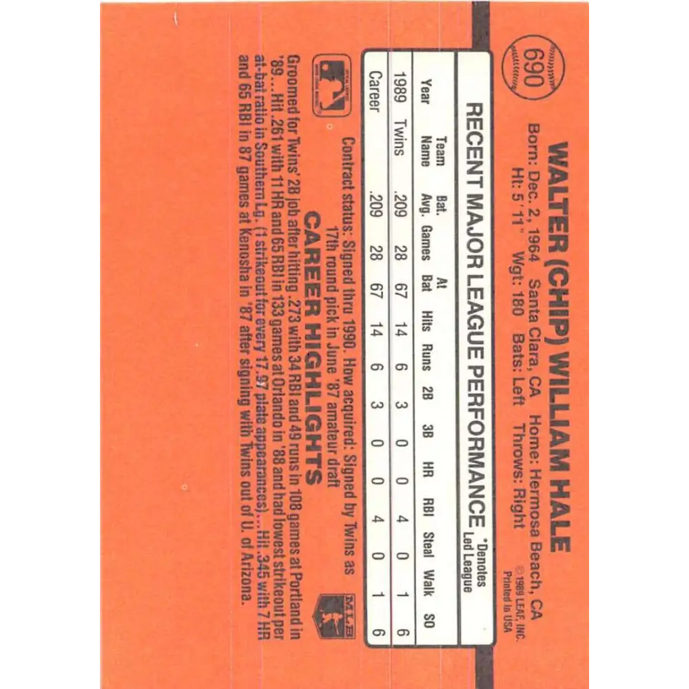 1990 Donruss #690 Chip Hale VG-EX RC Rookie Minnesota Twins Baseball Card Image 2