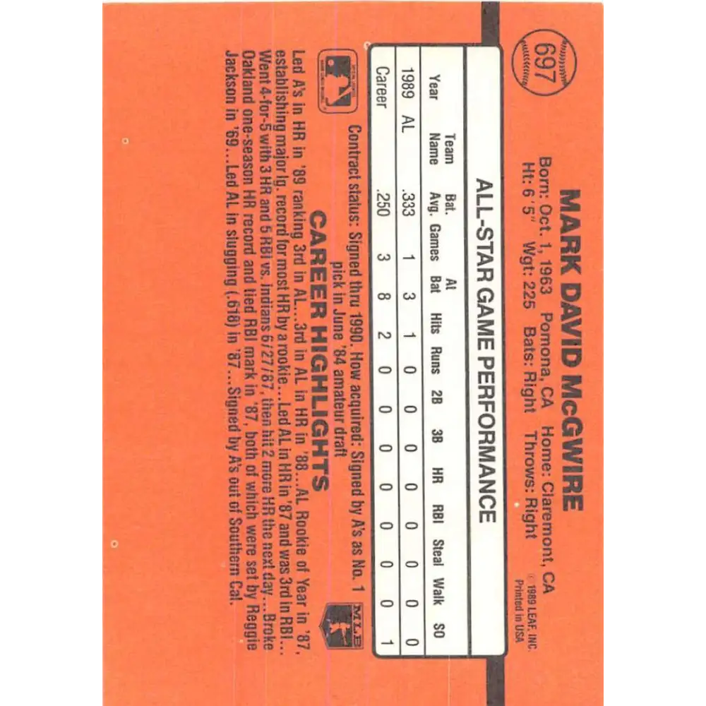 1990 Donruss #697b Mark McGwire COR AS VG-EX Oakland Athletics Baseball Card Image 2