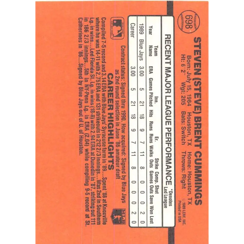 1990 Donruss #698 Steve Cummings VG-EX RC Rookie Toronto Blue Jays Baseball Card Image 2