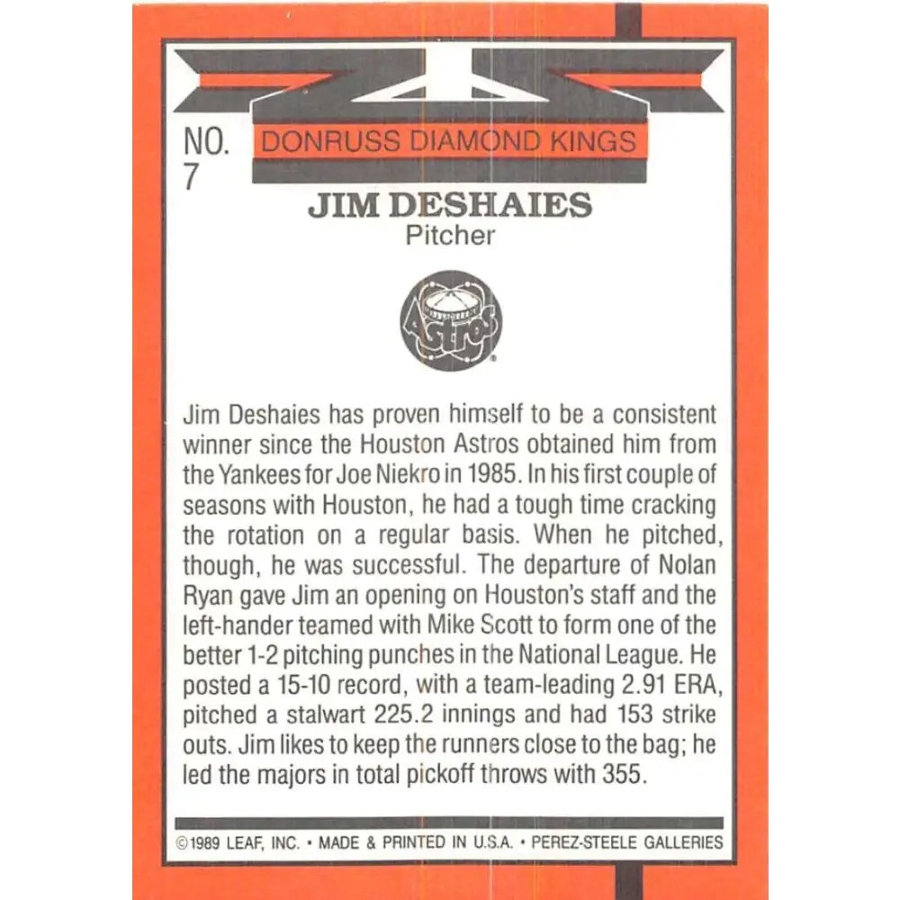 1990 Donruss #7 Jim Deshaies DK DP VG-EX Houston Astros Baseball Card Image 2