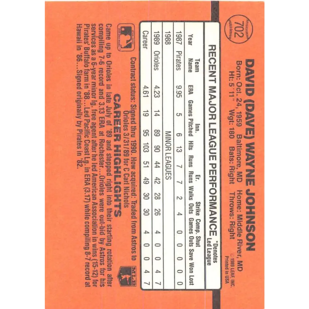 1990 Donruss #702 Dave Johnson VG-EX RC Rookie Baltimore Orioles Baseball Card Image 2