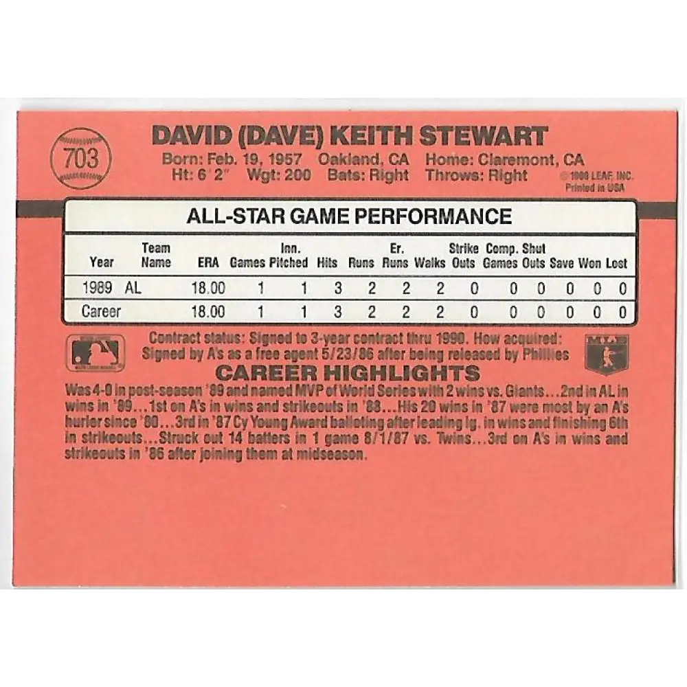 1990 Donruss #703b Dave Stewart COR AS VG-EX Oakland Athletics Baseball Card Image 2